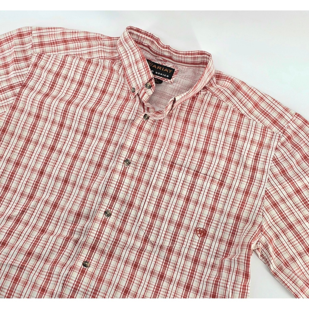 Ariat Western Plaid Short Sleeve Button Down Shirt Mens Size Large Red White
